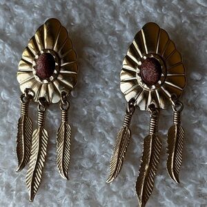 feather dangle earrings‎ gold-tone bohemian reddish brown stone accent